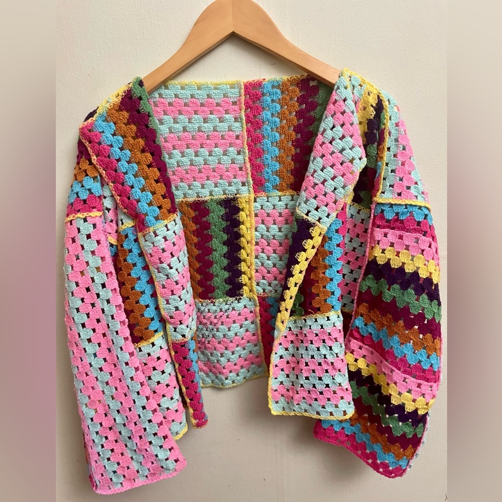 Pink Granny Square Crochet Patchwork Cardigan Swe… - image 4